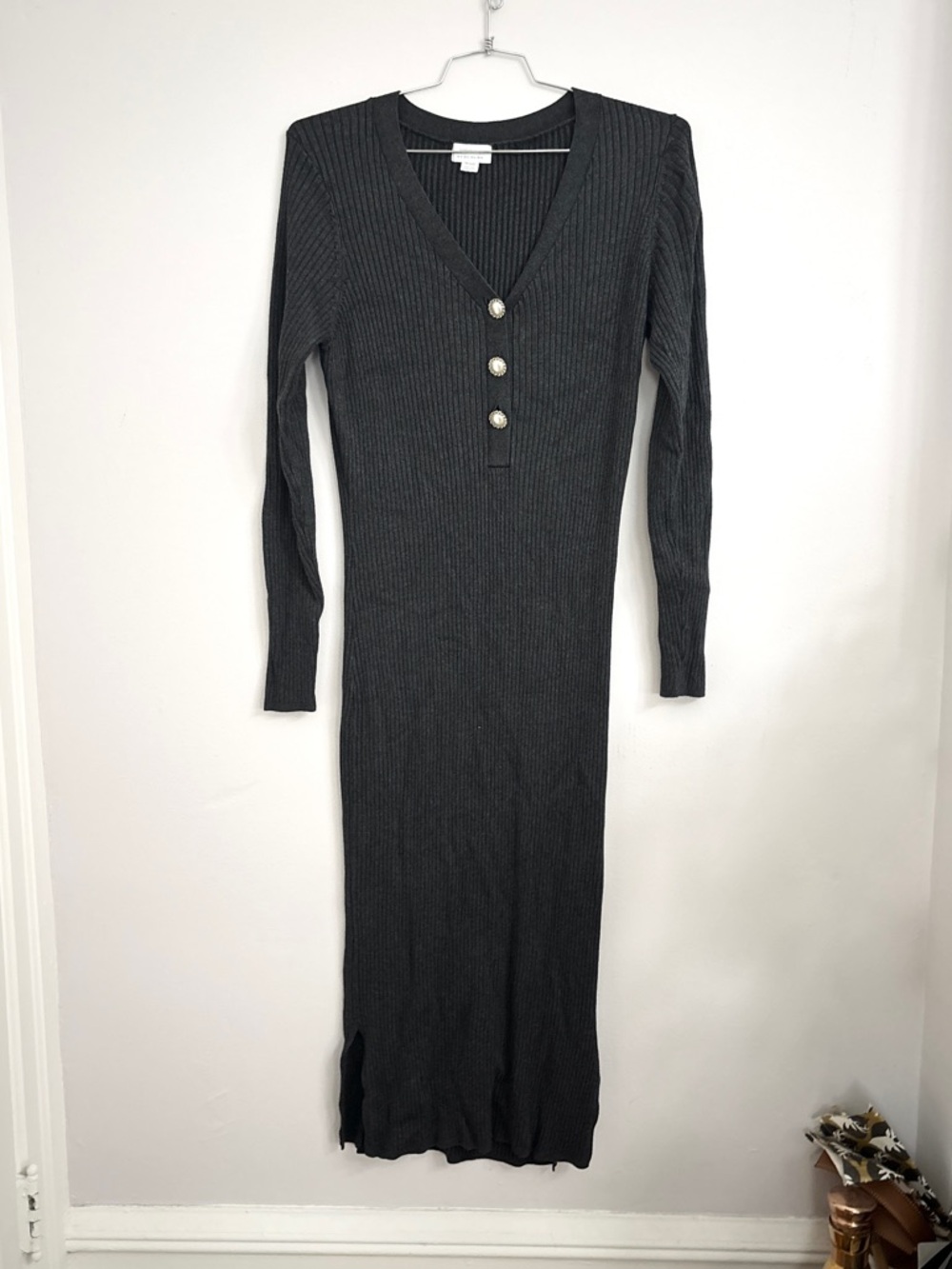 Seraphine Charcoal Ribbed Long Sleeve Midi Dress - Sz 10